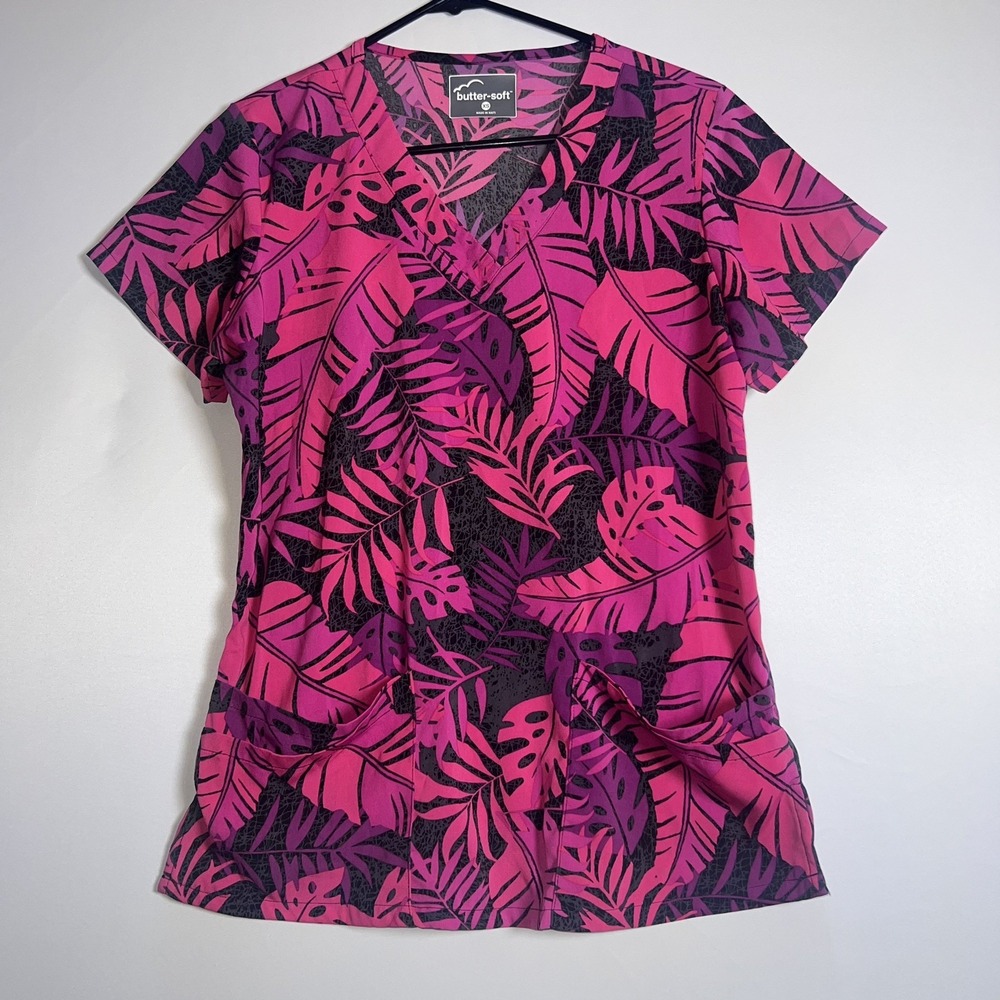 Easy Stretch sz XS Scrubs Black Pink Printed V Neck NWOT